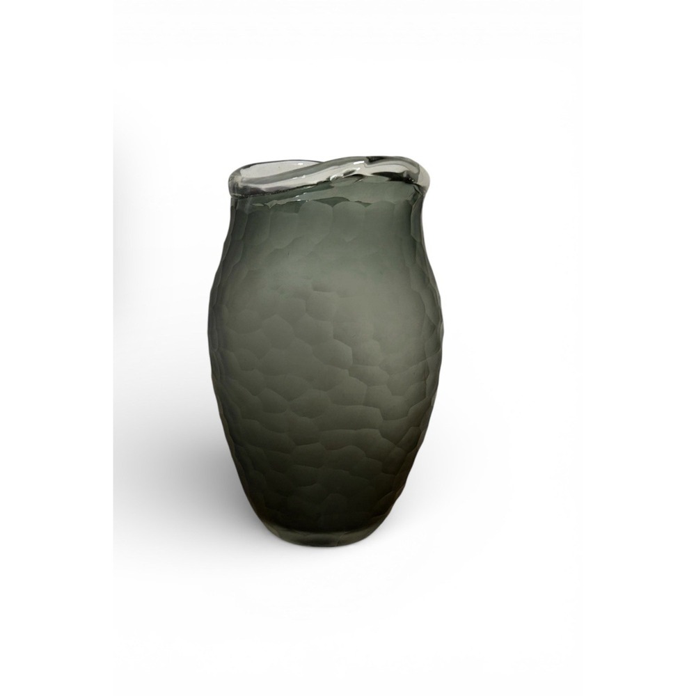 Studio Art Glass Chiseled Grey Smoked Vase Asymmetrical Rim Modern Decor 12"